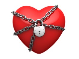 Red heart wound around chain and locked on lock. There is a clipping path